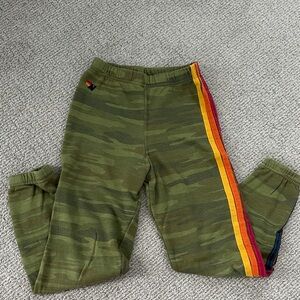Aviator Nation Kids Green Camo Joggers with Rainbow Stripe